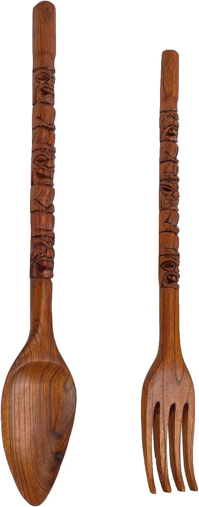 Alt view image 2 of 7 - Hand-Carved Brown Wood Tiki Design Spoon & Fork Wall Sculpture Set Tropical Decor Utensil Decoration - 30 Inches Long - Adds Exotic Charm to Your Home
