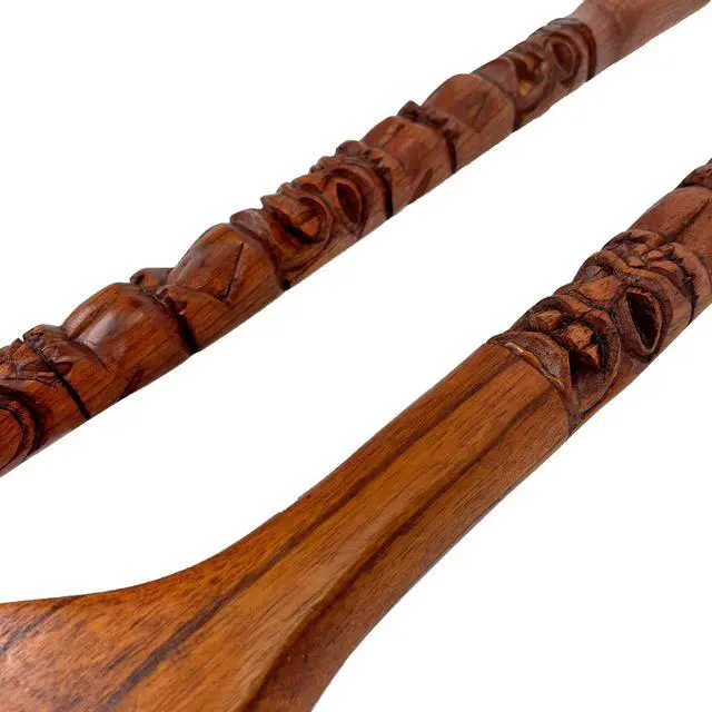 Alt view image 3 of 7 - Hand-Carved Brown Wood Tiki Design Spoon & Fork Wall Sculpture Set Tropical Decor Utensil Decoration - 30 Inches Long - Adds Exotic Charm to Your Home