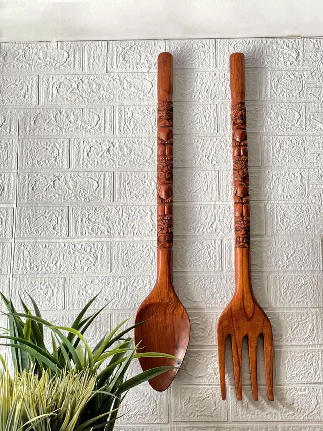 Alt view image 4 of 7 - Hand-Carved Brown Wood Tiki Design Spoon & Fork Wall Sculpture Set Tropical Decor Utensil Decoration - 30 Inches Long - Adds Exotic Charm to Your Home