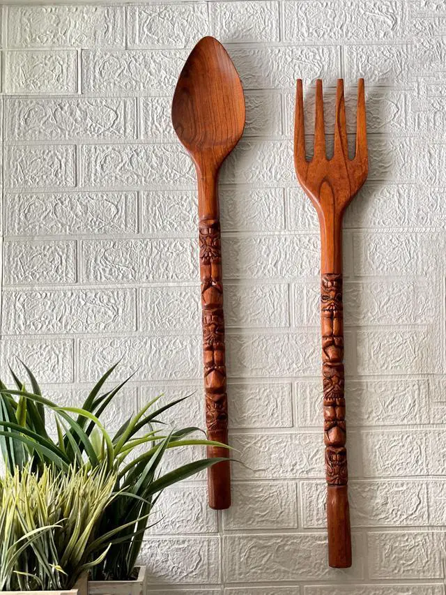 Alt view image 6 of 7 - Hand-Carved Brown Wood Tiki Design Spoon & Fork Wall Sculpture Set Tropical Decor Utensil Decoration - 30 Inches Long - Adds Exotic Charm to Your Home