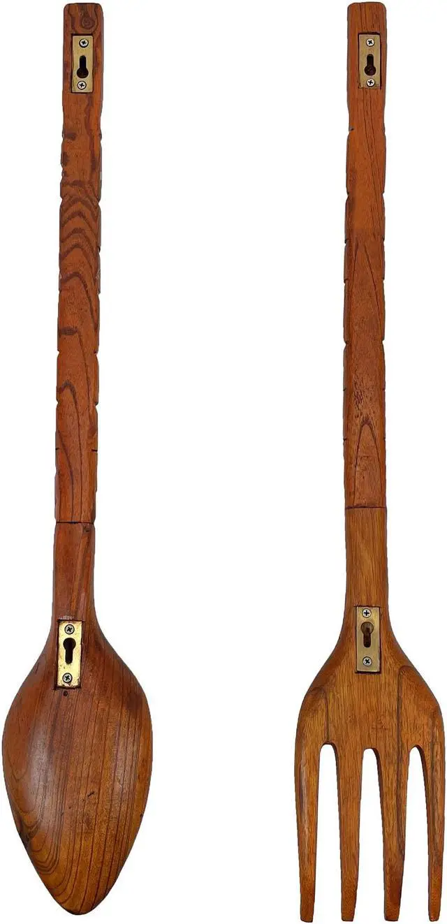 Alt view image 7 of 7 - Hand-Carved Brown Wood Tiki Design Spoon & Fork Wall Sculpture Set Tropical Decor Utensil Decoration - 30 Inches Long - Adds Exotic Charm to Your Home
