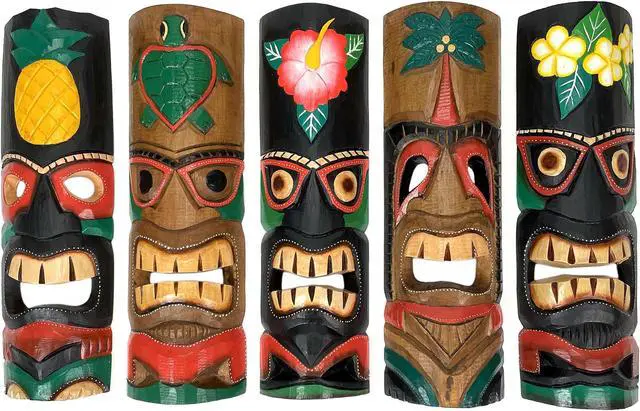 Main image of Set of 5 Colorful Tropical Polynesian Style Wooden Tiki Wall Décor Masks 20 Inch
