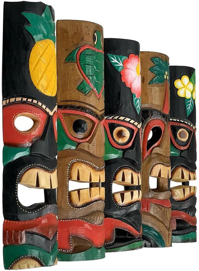 Alt view image 2 of 6 - Set of 5 Colorful Tropical Polynesian Style Wooden Tiki Wall Décor Masks 20 Inch