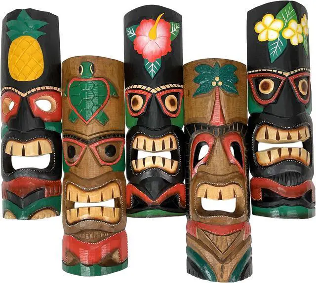 Alt view image 6 of 6 - Set of 5 Colorful Tropical Polynesian Style Wooden Tiki Wall Décor Masks 20 Inch