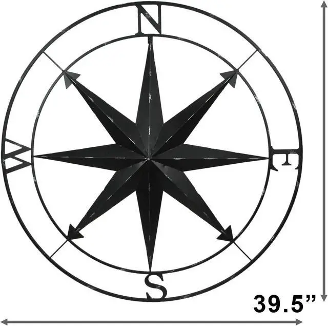 Alt view image 8 of 8 - Large Black Nautical Compass Rose Metal Wall Decor | 39.5 Indoor Outdoor Rustic Maritime Accent | Distressed Finish, Coastal Theme, Easy to Hang