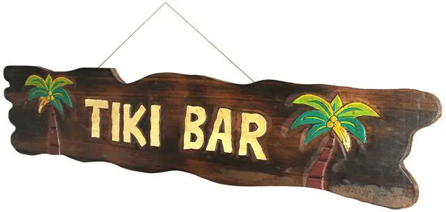 Main image of Rustic Wooden Tiki Bar Sign with Palm Tree Design  Tropical Wall Hanging Décor for Home, Garden, or Poolside  39 x 9 x 0.75 Inches