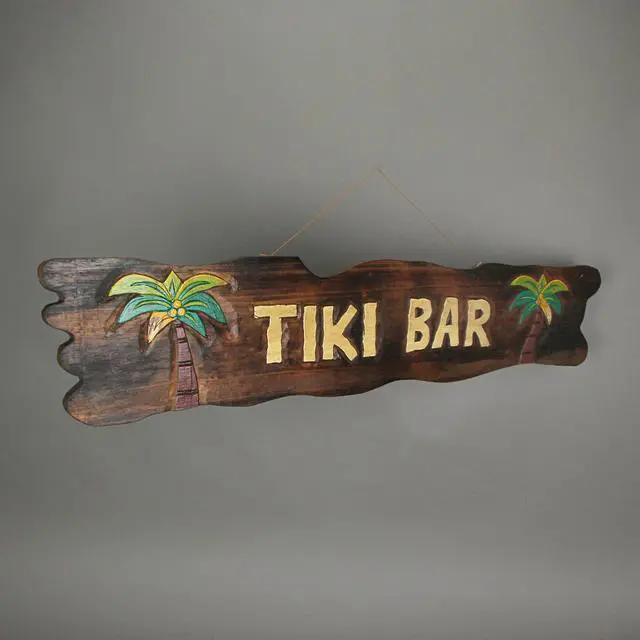 Alt view image 7 of 7 - Rustic Wooden Tiki Bar Sign with Palm Tree Design  Tropical Wall Hanging Décor for Home, Garden, or Poolside  39 x 9 x 0.75 Inches