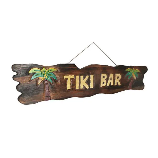 Alt view image 2 of 7 - Rustic Wooden Tiki Bar Sign with Palm Tree Design  Tropical Wall Hanging Décor for Home, Garden, or Poolside  39 x 9 x 0.75 Inches