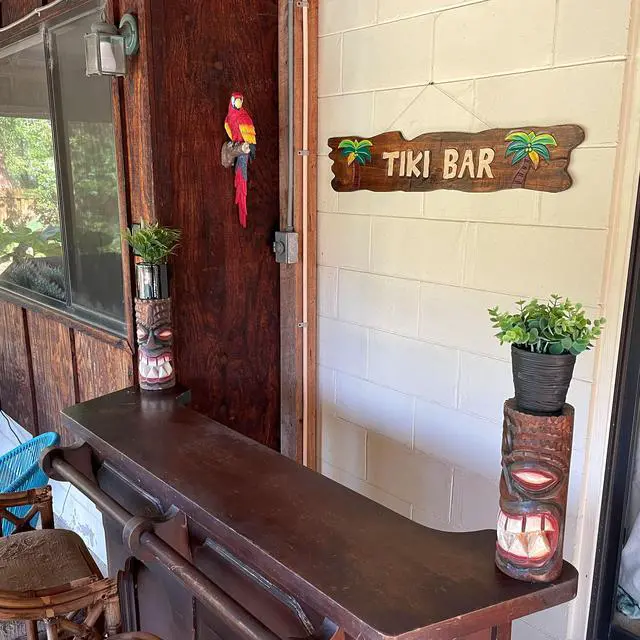 Alt view image 4 of 7 - Rustic Wooden Tiki Bar Sign with Palm Tree Design  Tropical Wall Hanging Décor for Home, Garden, or Poolside  39 x 9 x 0.75 Inches