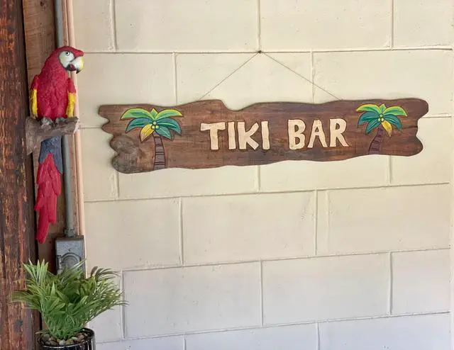Alt view image 5 of 7 - Rustic Wooden Tiki Bar Sign with Palm Tree Design  Tropical Wall Hanging Décor for Home, Garden, or Poolside  39 x 9 x 0.75 Inches