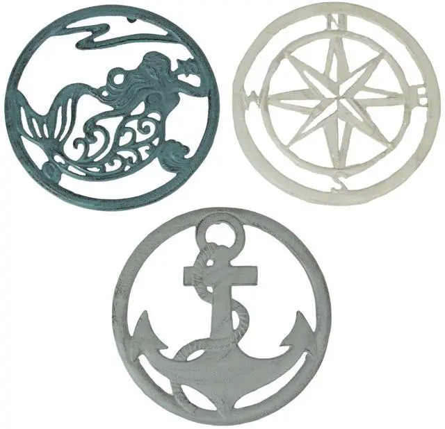 Main image of Set of 3 Cast Iron Trivets, 8 Inch Round Nautical Designs