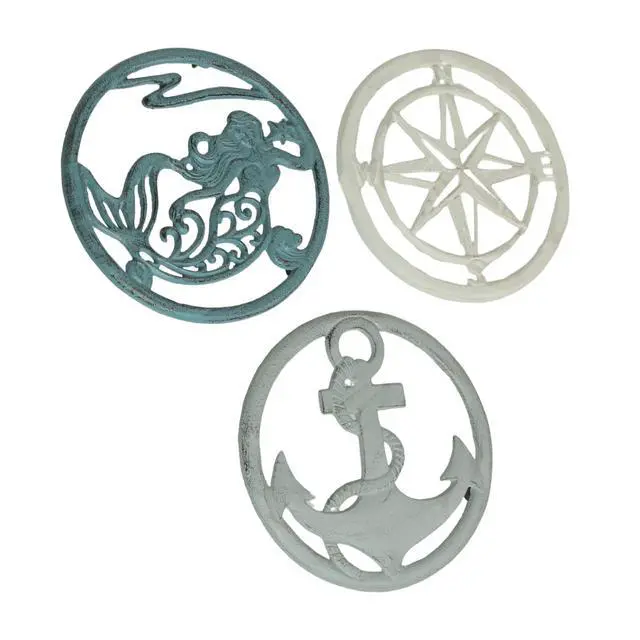 Alt view image 2 of 7 - Set of 3 Cast Iron Trivets, 8 Inch Round Nautical Designs