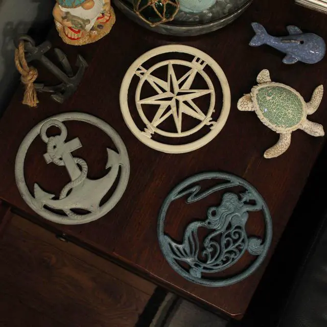 Alt view image 6 of 7 - Set of 3 Cast Iron Trivets, 8 Inch Round Nautical Designs