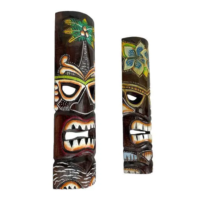 Alt view image 2 of 7 - Set of 2 Hand Crafted Wooden 20 Inch Tiki Wall Masks Palm Tree and Plumeria Flower Designs Tropical Décor