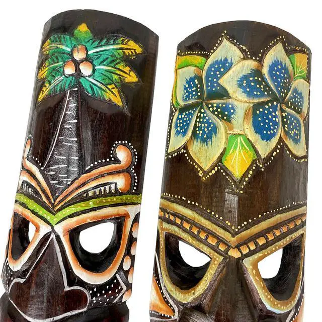 Alt view image 3 of 7 - Set of 2 Hand Crafted Wooden 20 Inch Tiki Wall Masks Palm Tree and Plumeria Flower Designs Tropical Décor
