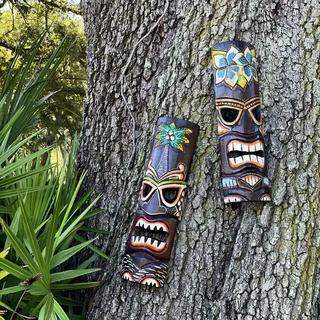 Alt view image 5 of 7 - Set of 2 Hand Crafted Wooden 20 Inch Tiki Wall Masks Palm Tree and Plumeria Flower Designs Tropical Décor