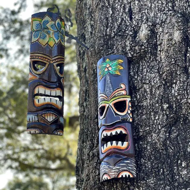 Alt view image 6 of 7 - Set of 2 Hand Crafted Wooden 20 Inch Tiki Wall Masks Palm Tree and Plumeria Flower Designs Tropical Décor