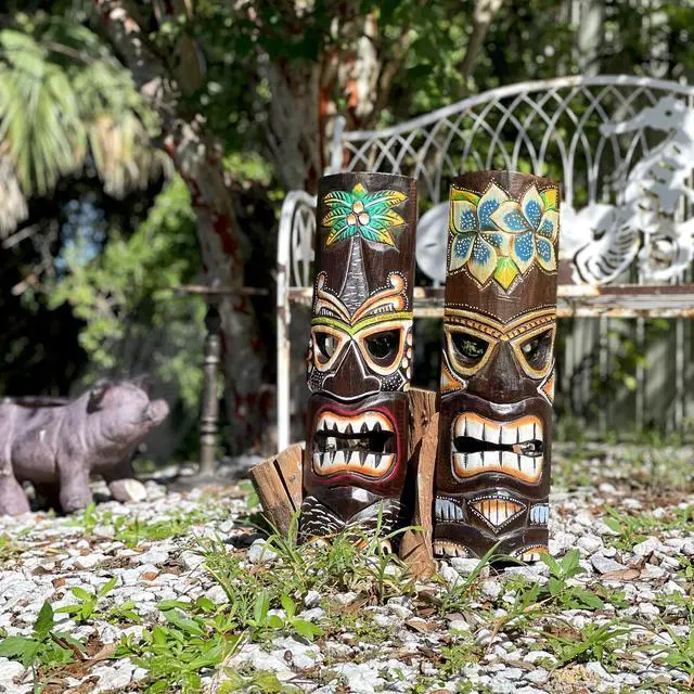 Alt view image 7 of 7 - Set of 2 Hand Crafted Wooden 20 Inch Tiki Wall Masks Palm Tree and Plumeria Flower Designs Tropical Décor