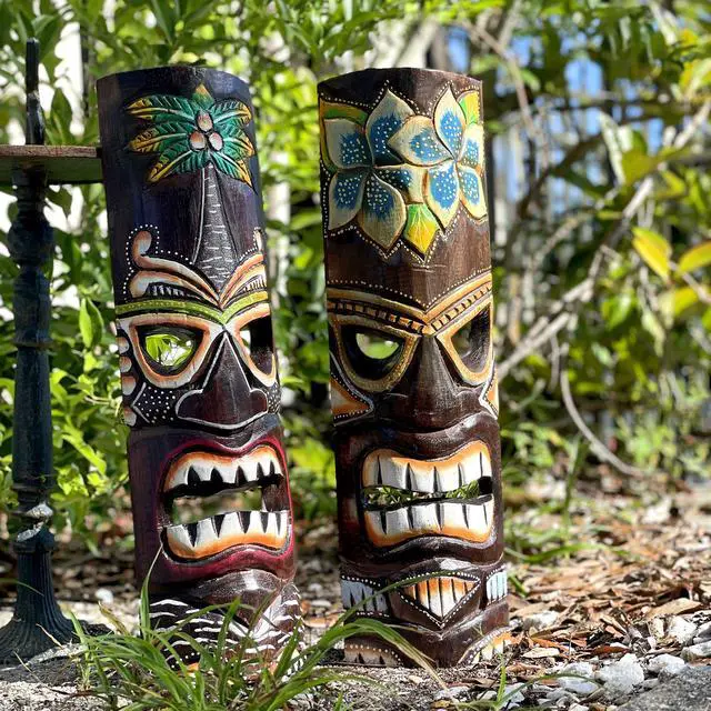 Alt view image 4 of 7 - Set of 2 Hand Crafted Wooden 20 Inch Tiki Wall Masks Palm Tree and Plumeria Flower Designs Tropical Décor