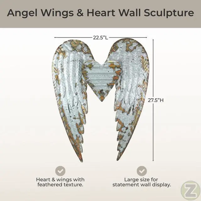 Alt view image 4 of 7 - Rustic Galvanized Grey Stamped Metal Angel Wings and Heart Wall Sculpture - Artistic Hanging Decor for Bathrooms, Bedrooms and Living Rooms - 27.5 Inches High