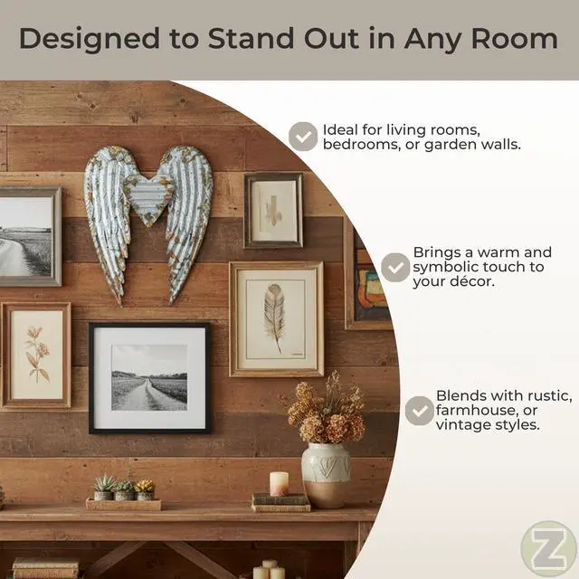 Alt view image 5 of 7 - Rustic Galvanized Grey Stamped Metal Angel Wings and Heart Wall Sculpture - Artistic Hanging Decor for Bathrooms, Bedrooms and Living Rooms - 27.5 Inches High