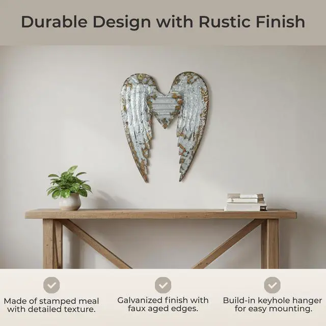 Alt view image 6 of 7 - Rustic Galvanized Grey Stamped Metal Angel Wings and Heart Wall Sculpture - Artistic Hanging Decor for Bathrooms, Bedrooms and Living Rooms - 27.5 Inches High