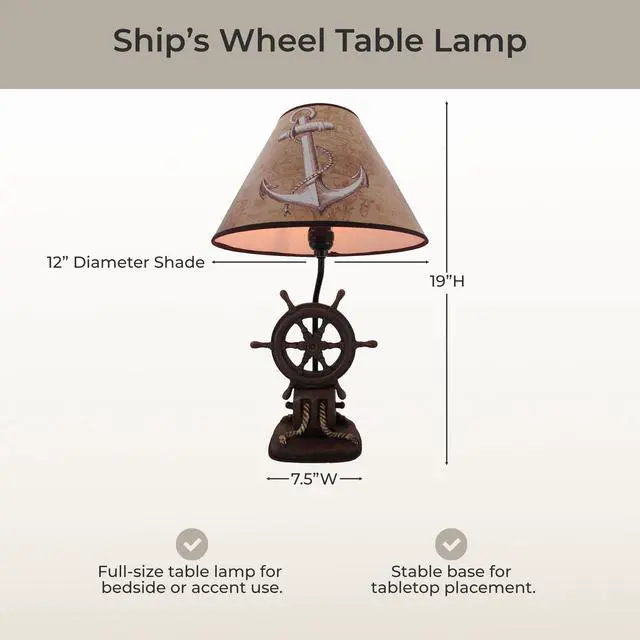 Alt view image 4 of 7 - Captain's Destiny: Nautical Ship's Wheel Resin Table Lamp with Anchor Print Fabric Shade for Coastal, Beach or Pirate Themed Bedroom Decor, 19 Inches High