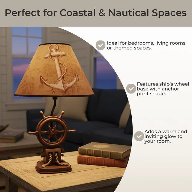 Alt view image 5 of 7 - Captain's Destiny: Nautical Ship's Wheel Resin Table Lamp with Anchor Print Fabric Shade for Coastal, Beach or Pirate Themed Bedroom Decor, 19 Inches High
