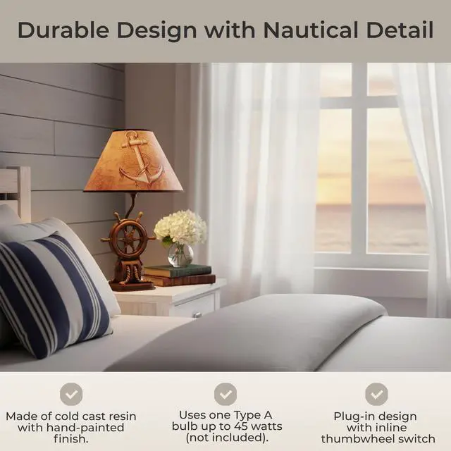 Alt view image 6 of 7 - Captain's Destiny: Nautical Ship's Wheel Resin Table Lamp with Anchor Print Fabric Shade for Coastal, Beach or Pirate Themed Bedroom Decor, 19 Inches High