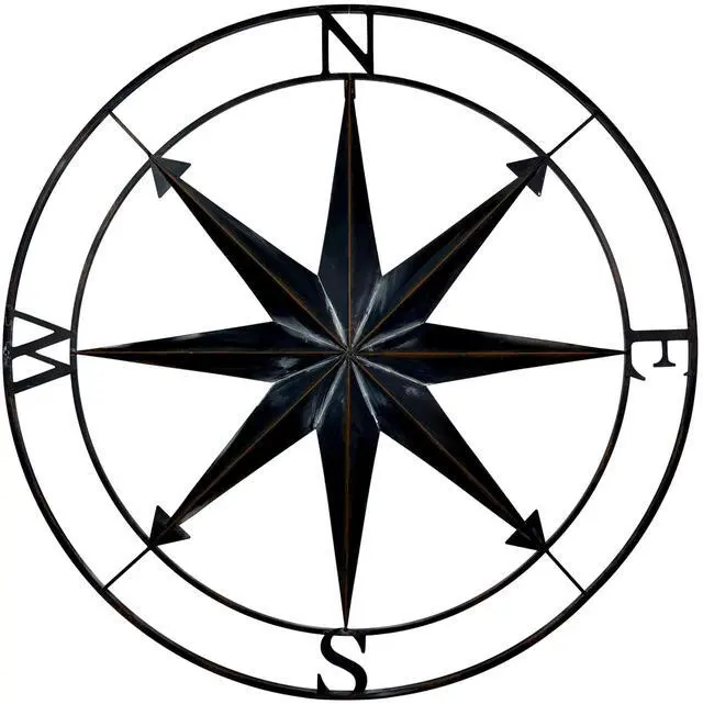 Main image of Large Black Nautical Compass Rose Metal Wall Decor | 39.5 Indoor Outdoor Rustic Maritime Accent | Distressed Finish, Coastal Theme, Easy to Hang