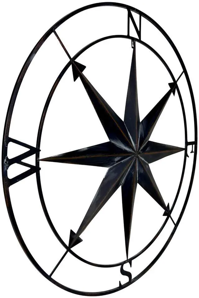 Alt view image 2 of 7 - Large Black Nautical Compass Rose Metal Wall Decor | 39.5 Indoor Outdoor Rustic Maritime Accent | Distressed Finish, Coastal Theme, Easy to Hang