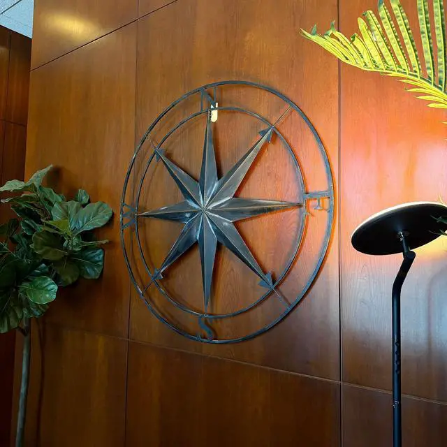 Alt view image 4 of 7 - Large Black Nautical Compass Rose Metal Wall Decor | 39.5 Indoor Outdoor Rustic Maritime Accent | Distressed Finish, Coastal Theme, Easy to Hang