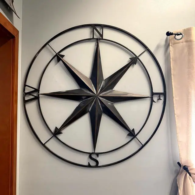 Alt view image 6 of 7 - Large Black Nautical Compass Rose Metal Wall Decor | 39.5 Indoor Outdoor Rustic Maritime Accent | Distressed Finish, Coastal Theme, Easy to Hang