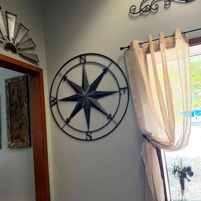 Alt view image 7 of 7 - Large Black Nautical Compass Rose Metal Wall Decor | 39.5 Indoor Outdoor Rustic Maritime Accent | Distressed Finish, Coastal Theme, Easy to Hang