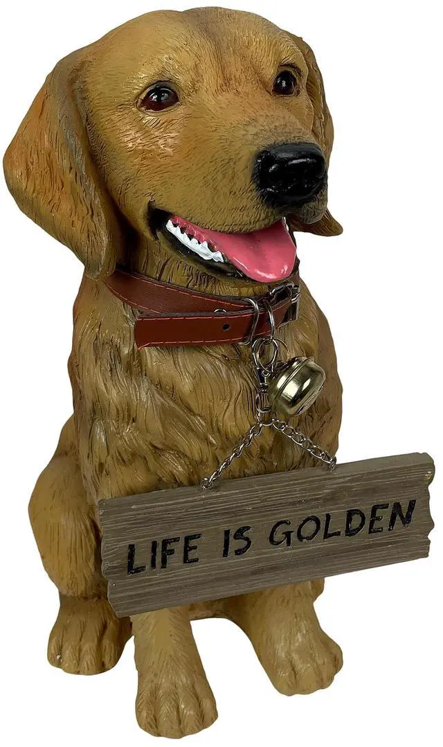 Main image of 12.75 Inch Tall Golden Retriever Dog Realistic Lifelike Statue with Reversible Sign