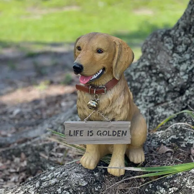 Alt view image 5 of 7 - 12.75 Inch Tall Golden Retriever Dog Realistic Lifelike Statue with Reversible Sign
