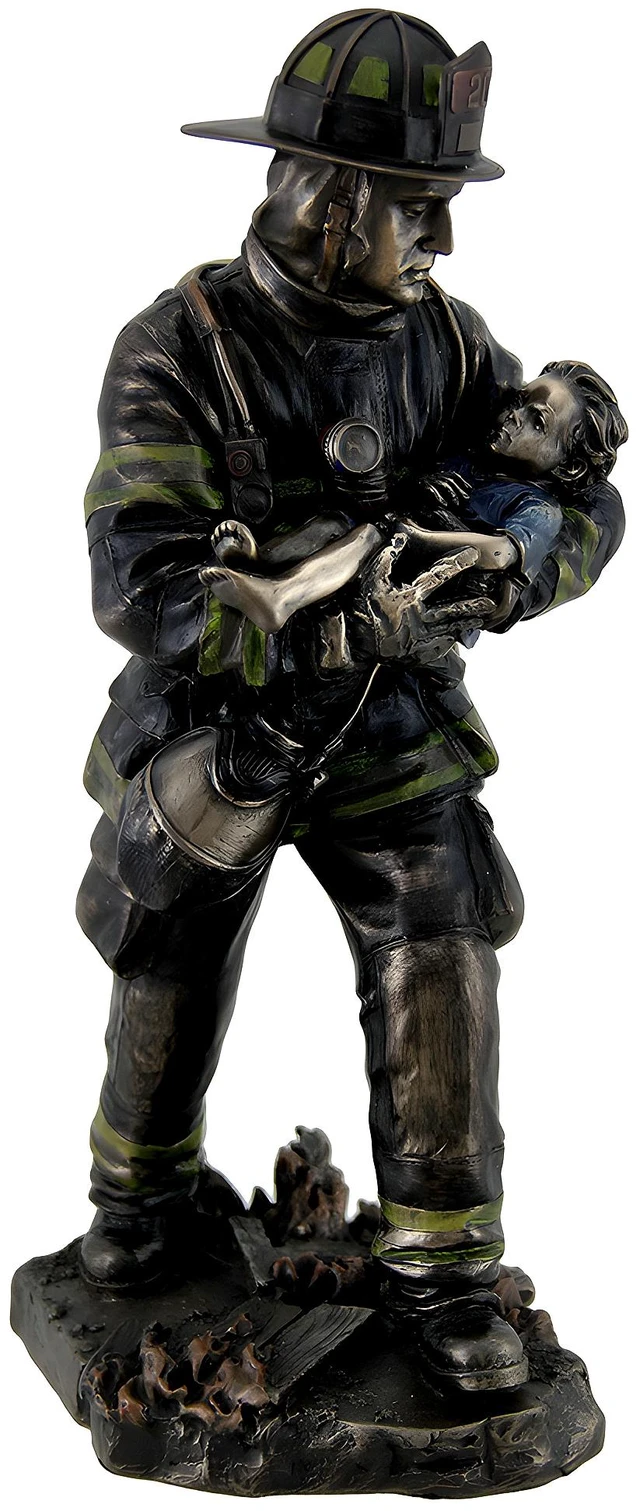 Main image of Firefighter Carrying Child Metallic Bronze Statue 11 Inches Tall