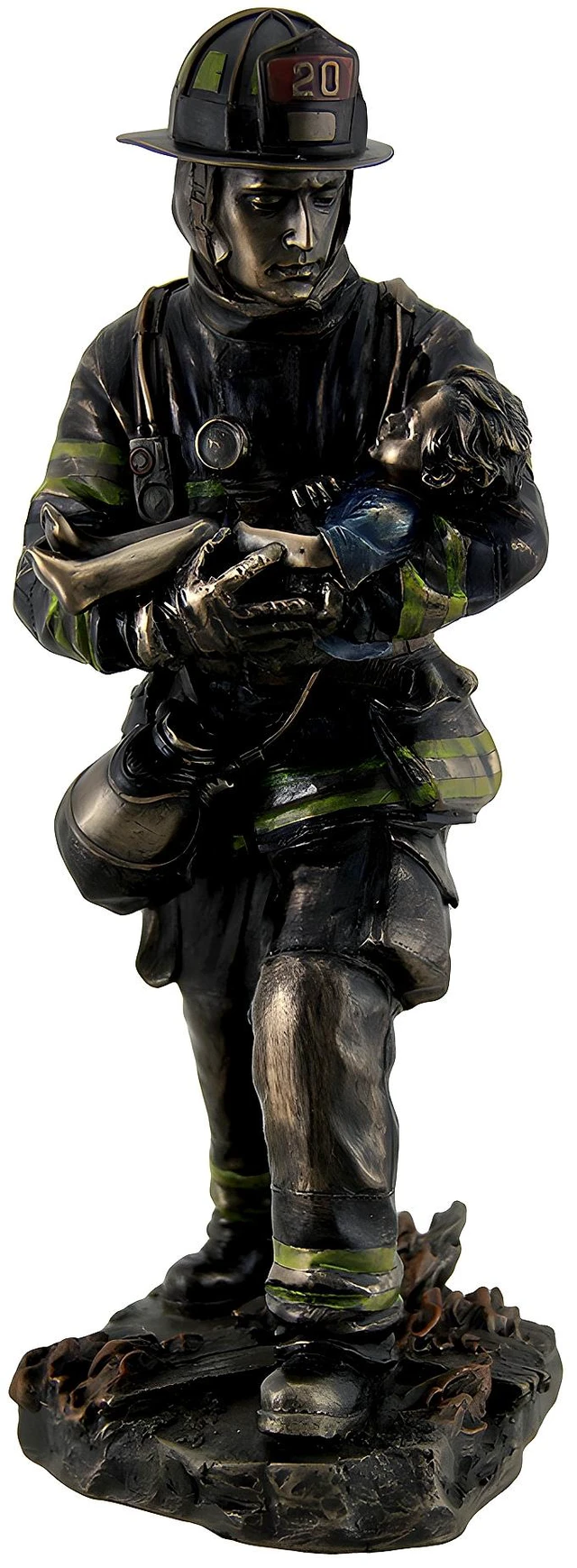 Alt view image 2 of 4 - Firefighter Carrying Child Metallic Bronze Statue 11 Inches Tall