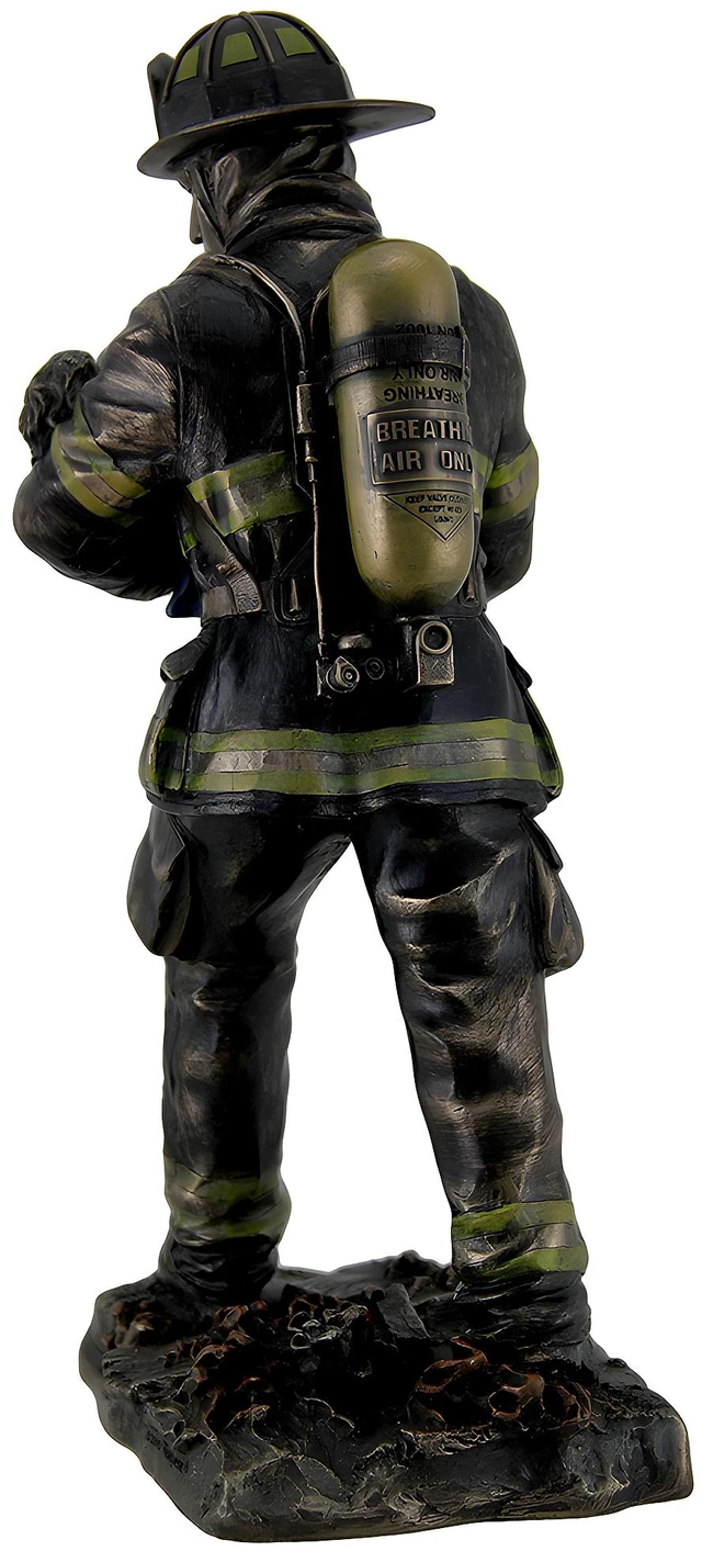 Alt view image 4 of 4 - Firefighter Carrying Child Metallic Bronze Statue 11 Inches Tall