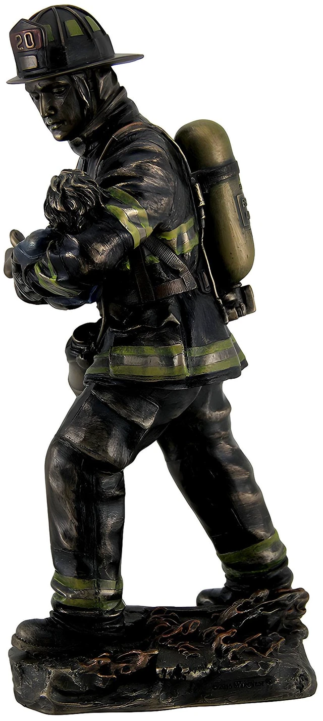 Alt view image 3 of 4 - Firefighter Carrying Child Metallic Bronze Statue 11 Inches Tall