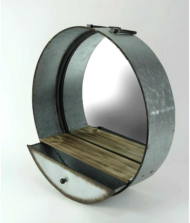 Alt view image 2 of 3 - Round Wall Mirror, 20.5 Inch Galvanized Metal Tub Frame with Drawer