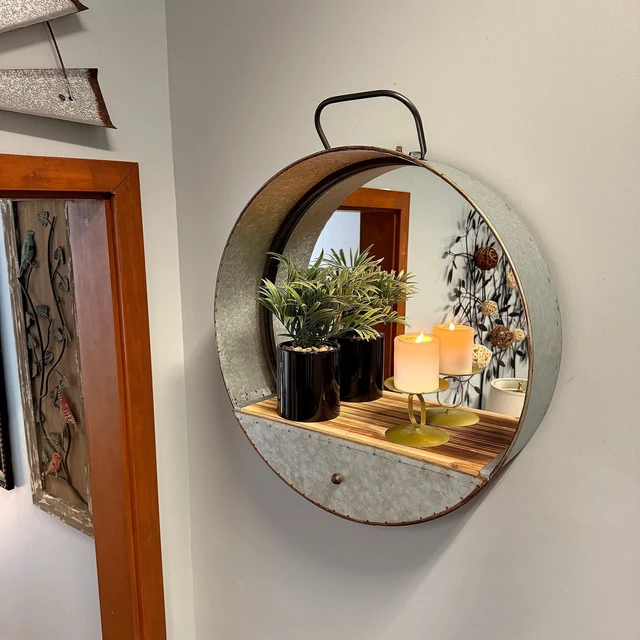Alt view image 4 of 7 - Round Wall Mirror, 20.5 Inch Galvanized Metal Tub Frame with Drawer