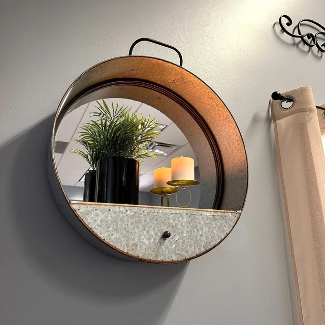 Alt view image 5 of 7 - Round Wall Mirror, 20.5 Inch Galvanized Metal Tub Frame with Drawer
