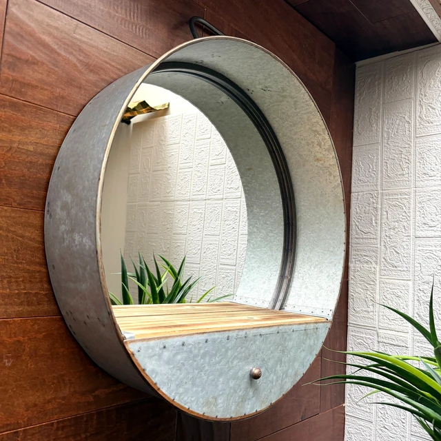 Alt view image 7 of 7 - Round Wall Mirror, 20.5 Inch Galvanized Metal Tub Frame with Drawer