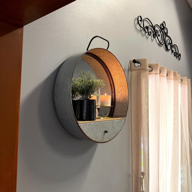 Alt view image 6 of 7 - Round Wall Mirror, 20.5 Inch Galvanized Metal Tub Frame with Drawer