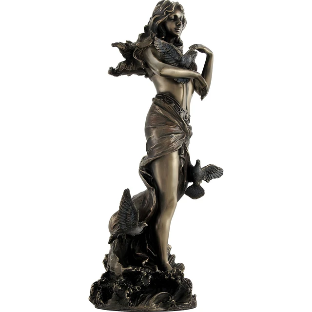 Alt view image 3 of 4 - Bronzed Aphrodite with Doves on Scallop Shell Statue