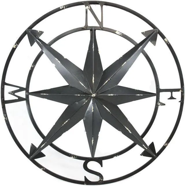 Main image of Distressed Metal Nautical Compass Rose Wall Décor - Rustic 20-Inch Diameter Hanging Art with Vintage Black Enamel Finish - Perfect for Indoor and Outdoor Display
