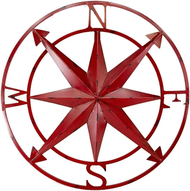 Main image of Vintage Distressed Red Enamel Finish Metal Nautical Compass Rose Wall Hanging Art Decor - 20 Inches in Diameter - Rustic Coastal Beach Themed Home Accent