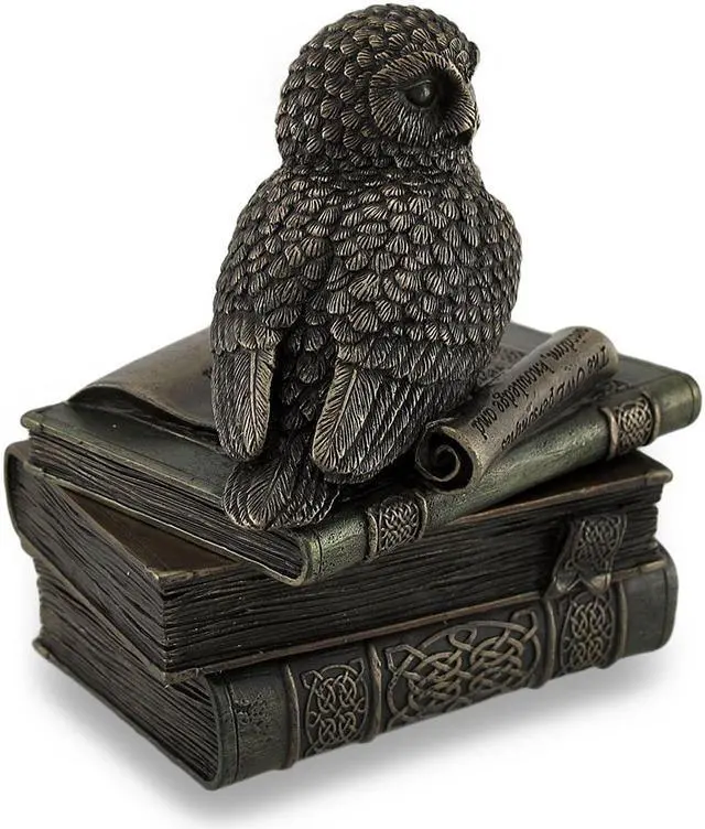 Alt view image 2 of 5 - Owl Perched On Stack of Books Bronzed Trinket Box/Stash Box Statue