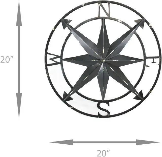 Alt view image 2 of 2 - Distressed Metal Nautical Compass Rose Wall Décor - Rustic 20-Inch Diameter Hanging Art with Vintage Black Enamel Finish - Perfect for Indoor and Outdoor Display